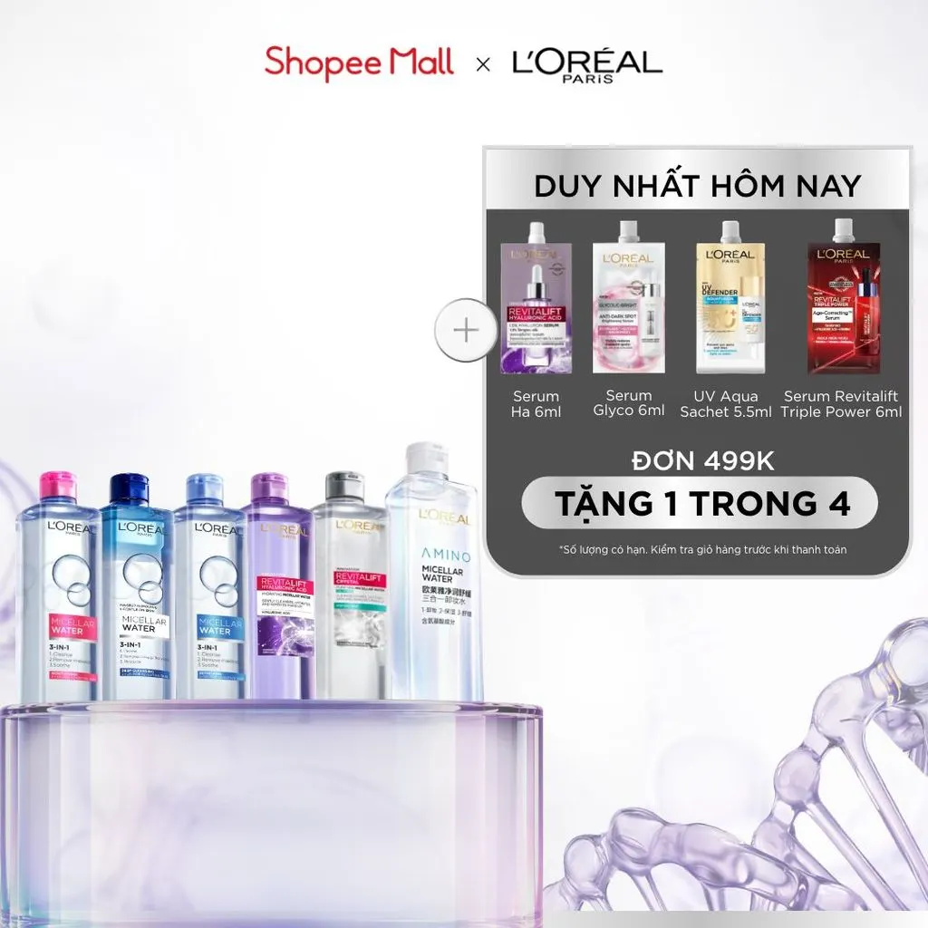 Nước tẩy trang làm sạch sâu, loại bỏ bụi bẩn & trang điểm 3-in-1 L’Oreal Paris Micellar Water 400ml