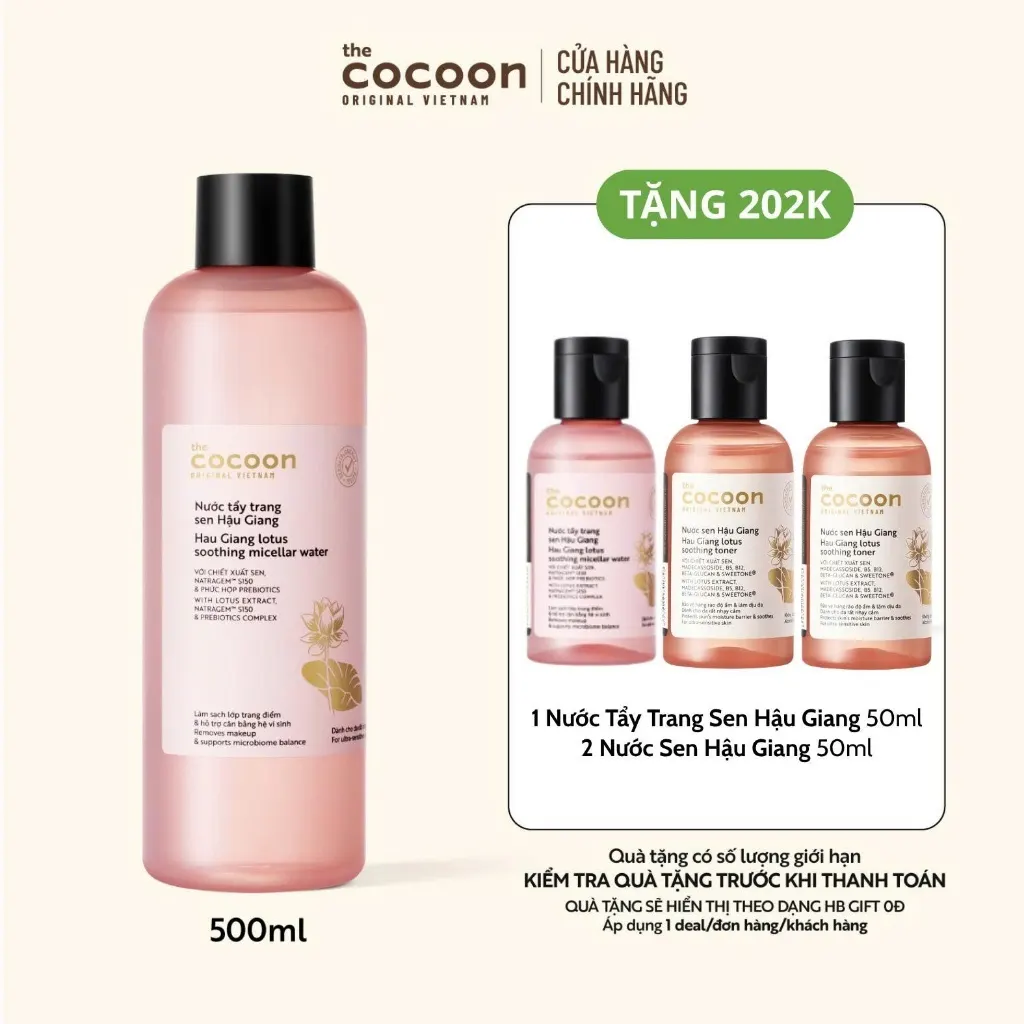 Bigsize – Nước Tẩy Trang Sen Hậu Giang Sạch Bụi Siêu Mịn PM1.0, Có Prebiotics Dịu Êm Cho Da Rất Nhạy Cảm Cocoon 500ml