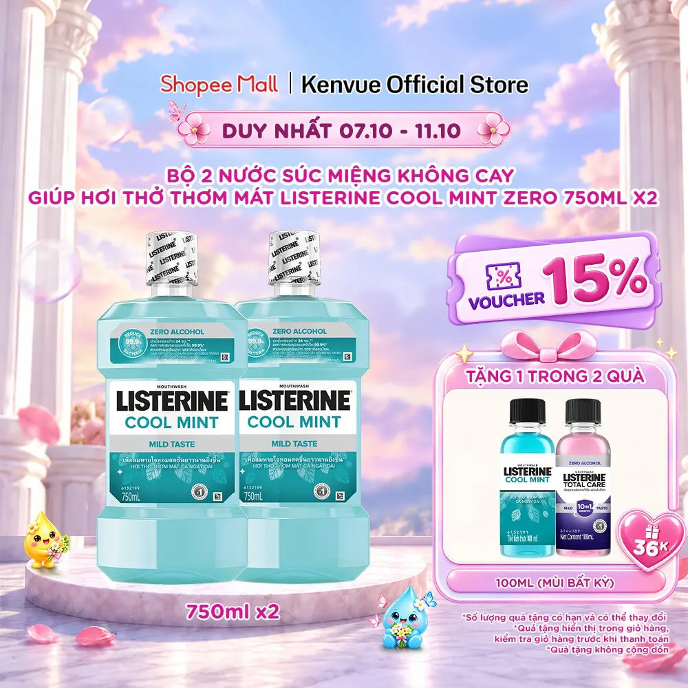 Bộ 2 Chai Nước Súc Miệng Listerine Giúp Hơi Thở Thơm Mát Cool Mint Zero Alcohol 750mlx2