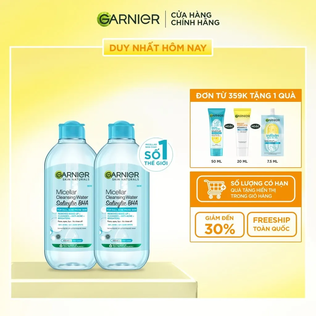 Bộ 2 Nước tẩy trang Garnier Cho Da Dầu Mụn Salicylic BHA Micellar 400ml x 2 (mới)