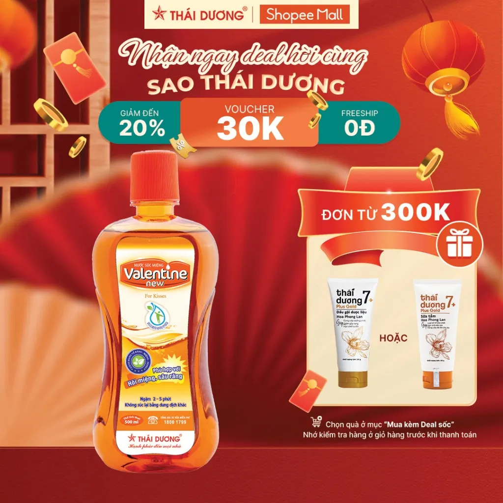 Nước súc miệng Valentine 500ml không cồn, thơm miệng, ngừa hôi nhiệt miệng- Sao Thái Dương